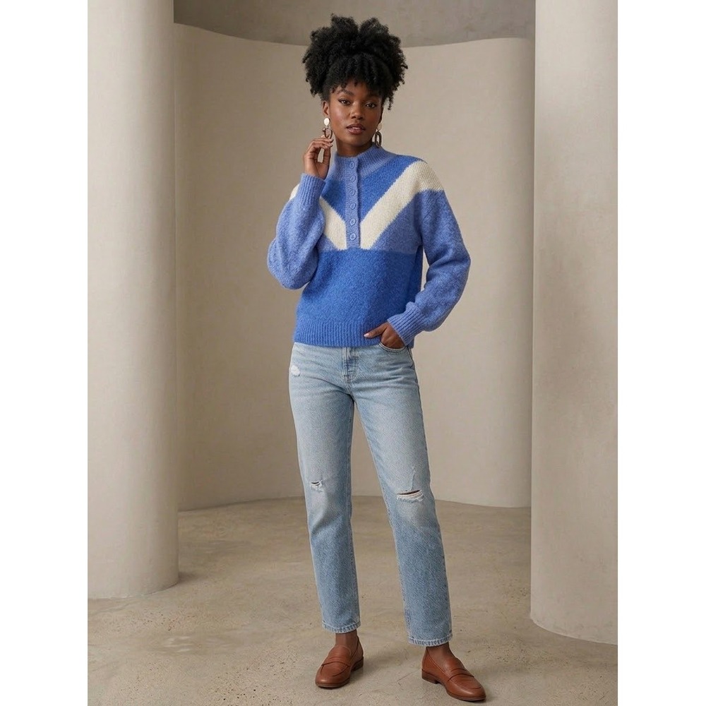Easy Clothes Royal Blue Chevron Wool Blend Mock Neck Sweater AM420 TU